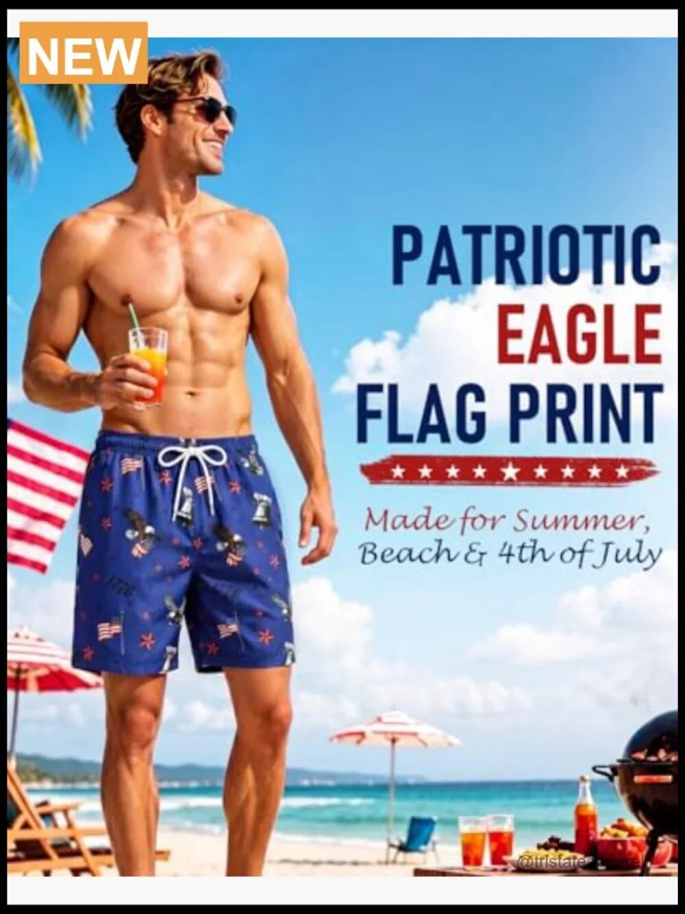 Men's Patriotic Eagle Print Swim Trunks Quick Dry Beach Shorts